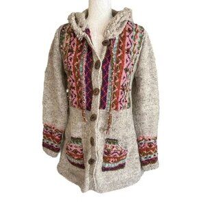 Lost Horizons Hand Knit Embroidered Beaded Hooded Wool Chunky Cardigan Size L